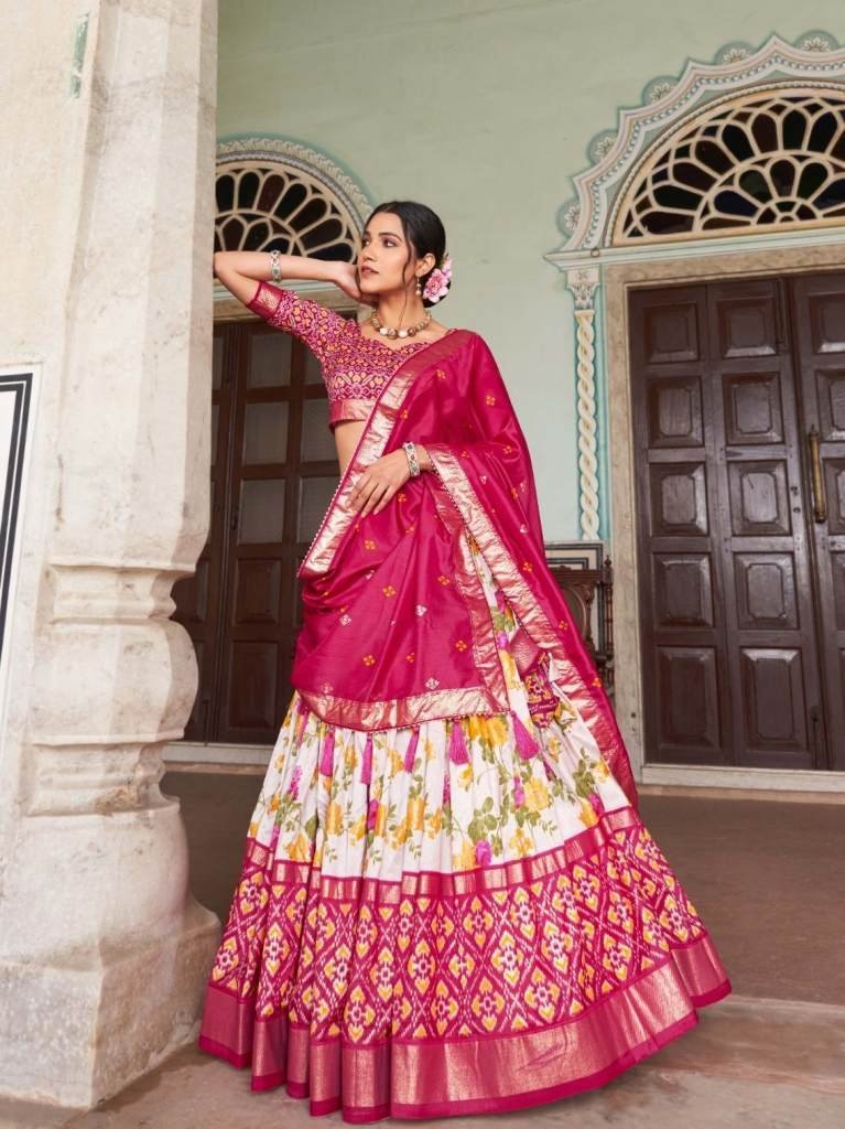 exclusive tussar silk floral a 1712293554 Exclusive Tussar Silk Floral And Patola Print Pink Lehenga Choli
