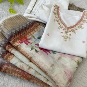 Exclusive White Neck Work Roman Silk Kurtis Set