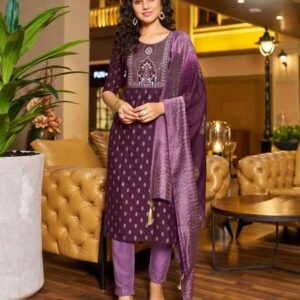 Exclusive Wine Golden Zari Print Rayon Kurtis Set With Chanderi Dupatta