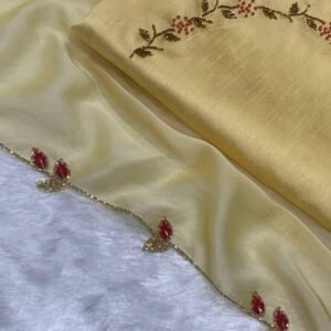 Exclusive Yellow Handwork And Cut Work Rangoli Silk Saree