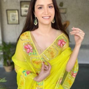Exclusive Yellow Handwork Pure Organza Saree