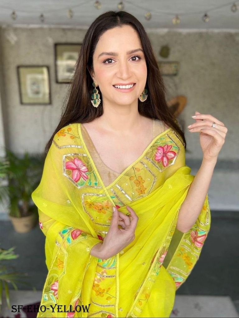 exclusive yellow handwork pure 1716457641 Exclusive Yellow Handwork Pure Organza Saree
