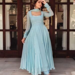 Fabulous Sky Blue Pastel Georgette Anrakali Gown