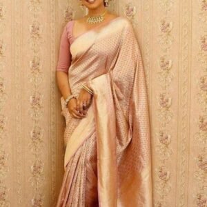 Fancy Banarasi Soft Silk Peach Golden Zari Weaving Saree