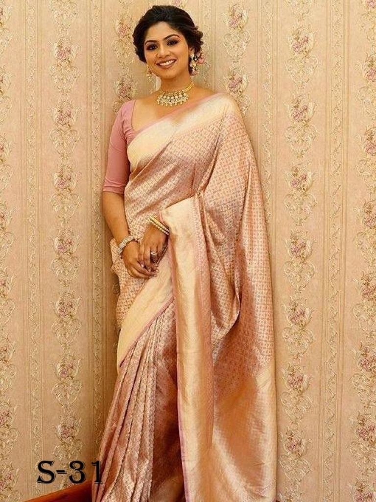 fancy banarasi soft silk peach 1721715718 Fancy Banarasi Soft Silk Peach Golden Zari Weaving Saree