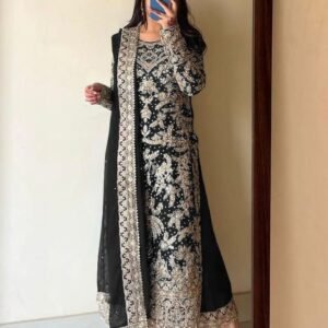 Fancy Black Faux Georgette Diamond Handwork Kurti Palazzo Dupatta Set