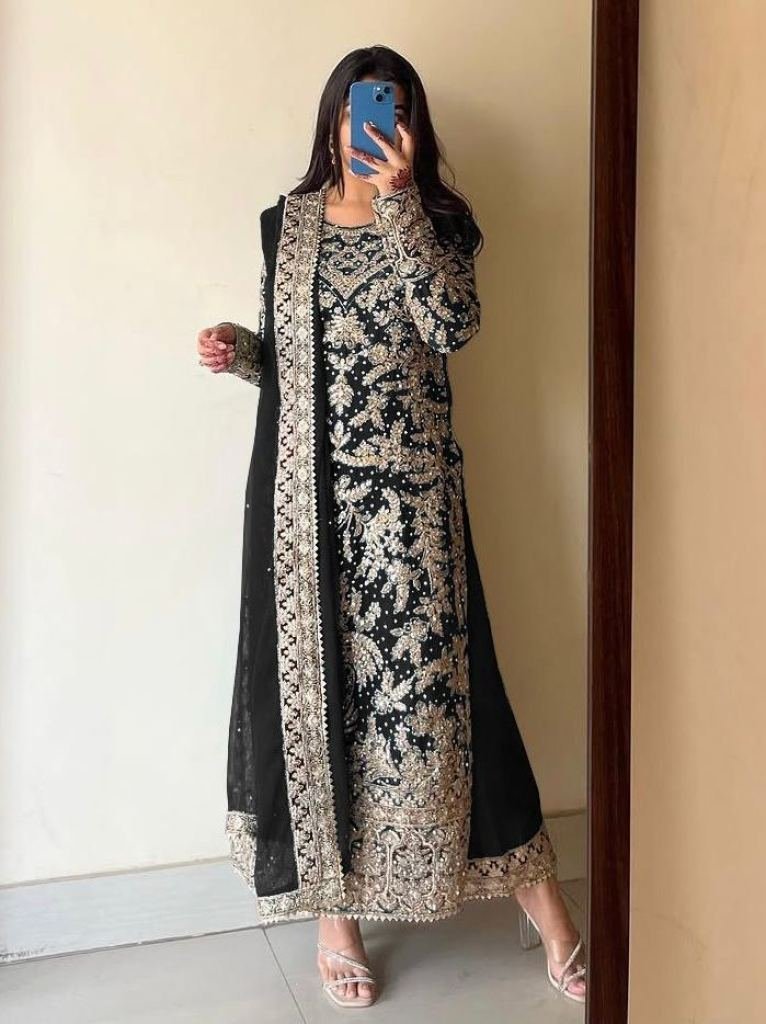 fancy black faux georgette dia 1736588403 Fancy Black Faux Georgette Diamond Handwork Kurti Palazzo Dupatta Set