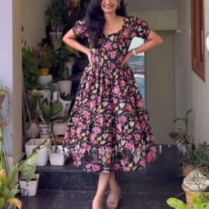 Fancy Black Pure Muslin Flower Work One Piece Dress
