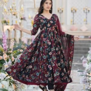 Fancy Black Muslin Suit With Anarkali Dupatta
