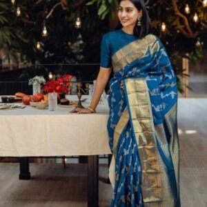 Fancy Blue Banarasi Silk Golden Zari Weaving Sarees
