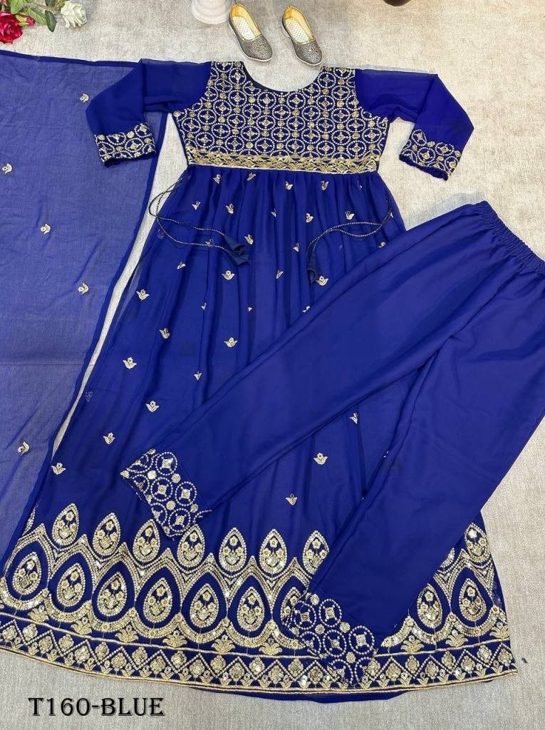 fancy blue georgette with desi 1719920679 Fancy Blue Georgette With Design Kurti Pant Dupatta Set