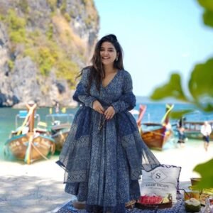 Fancy Blue Pure Muslin With Kurti Pant Dupatta Set