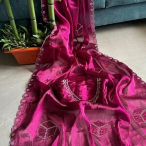 Fancy Burburry Hot Pink Diamond Cut Work Saree