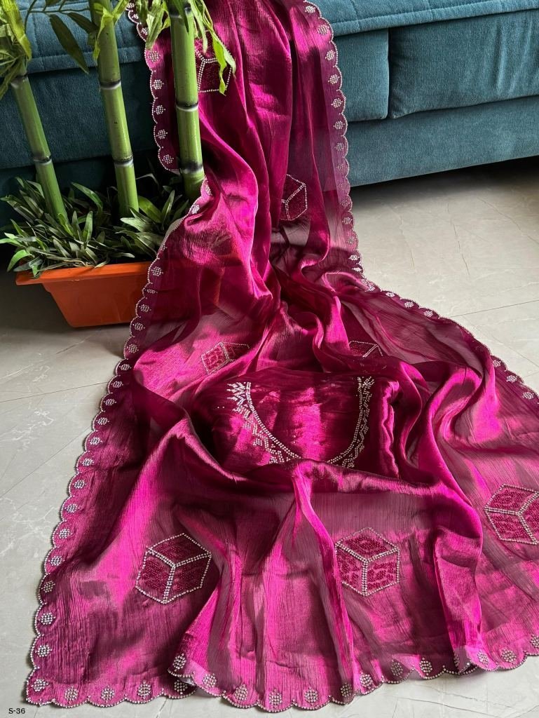 fancy burburry hot pink diamon 1726224249 Fancy Burburry Hot Pink Diamond Cut Work Saree