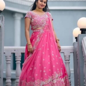 Fancy Chinon Pink Heavy Embroidery Sequence Work Lehenga