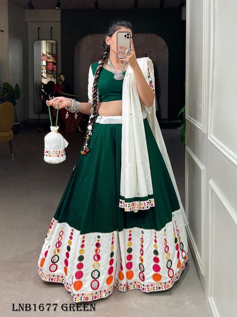 fancy cotton green lehenga 1716977926 Fancy Cotton Green Lehenga With Mirror Work