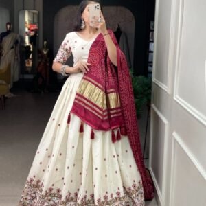 Fancy Cotton White With Red Flower Pattern Lehenga