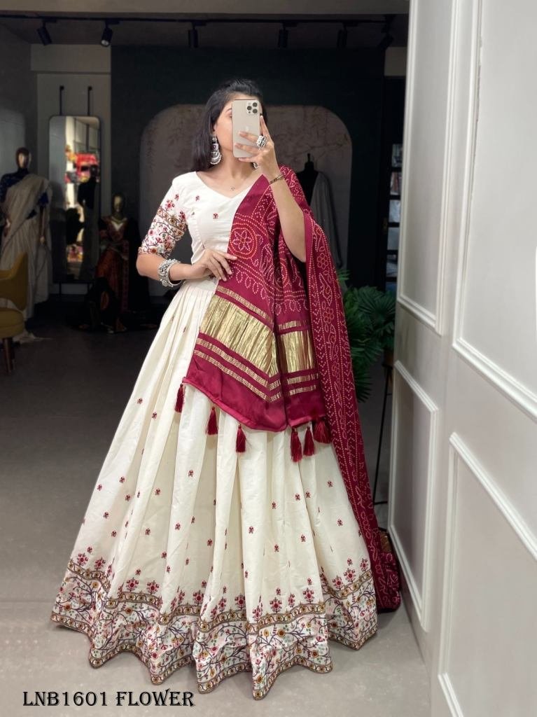 fancy cotton white with red fl 1716980150 Fancy Cotton White With Red Flower Pattern Lehenga
