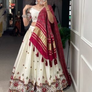 Fancy Cotton White With Red Lotus Pattern Lehenga