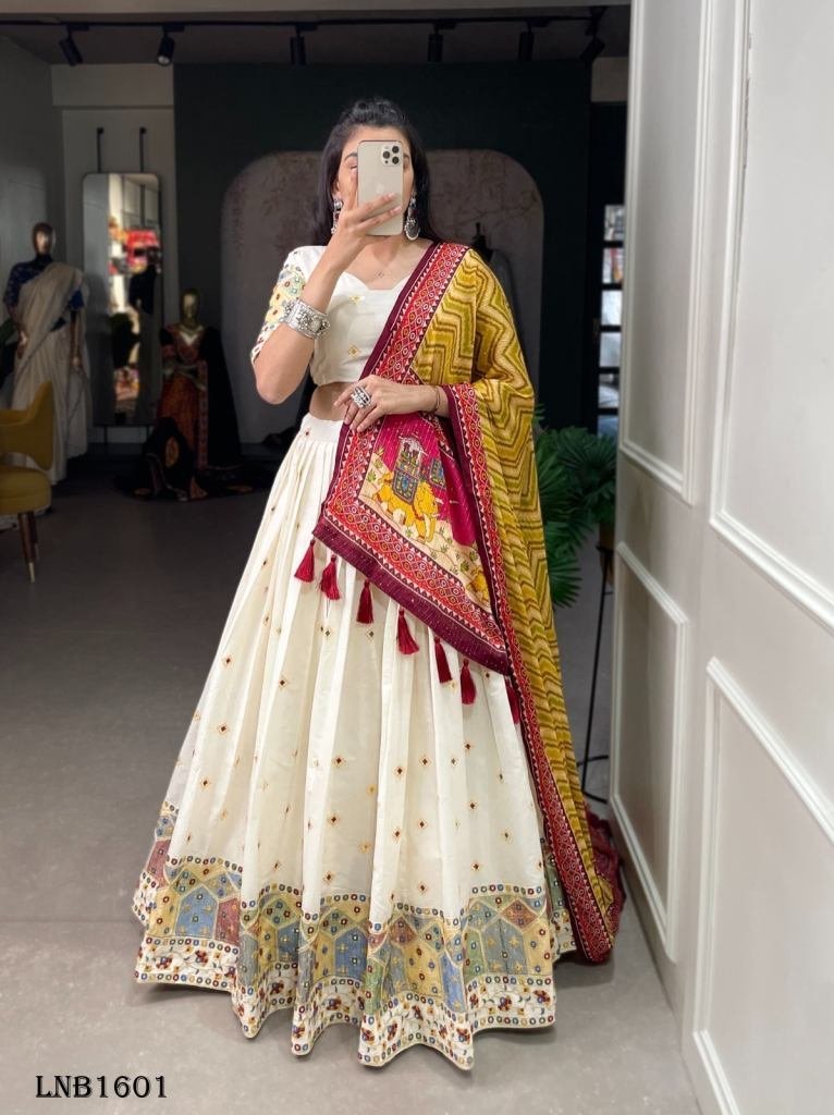 fancy cotton white with yellow 1716980351 Fancy Cotton White With Yellow Temple Pattern Lehenga