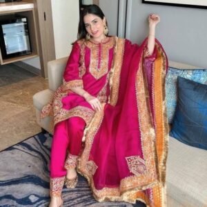 Fancy Dark Pink Chinon Silk Kurti Pant Dupatta Set
