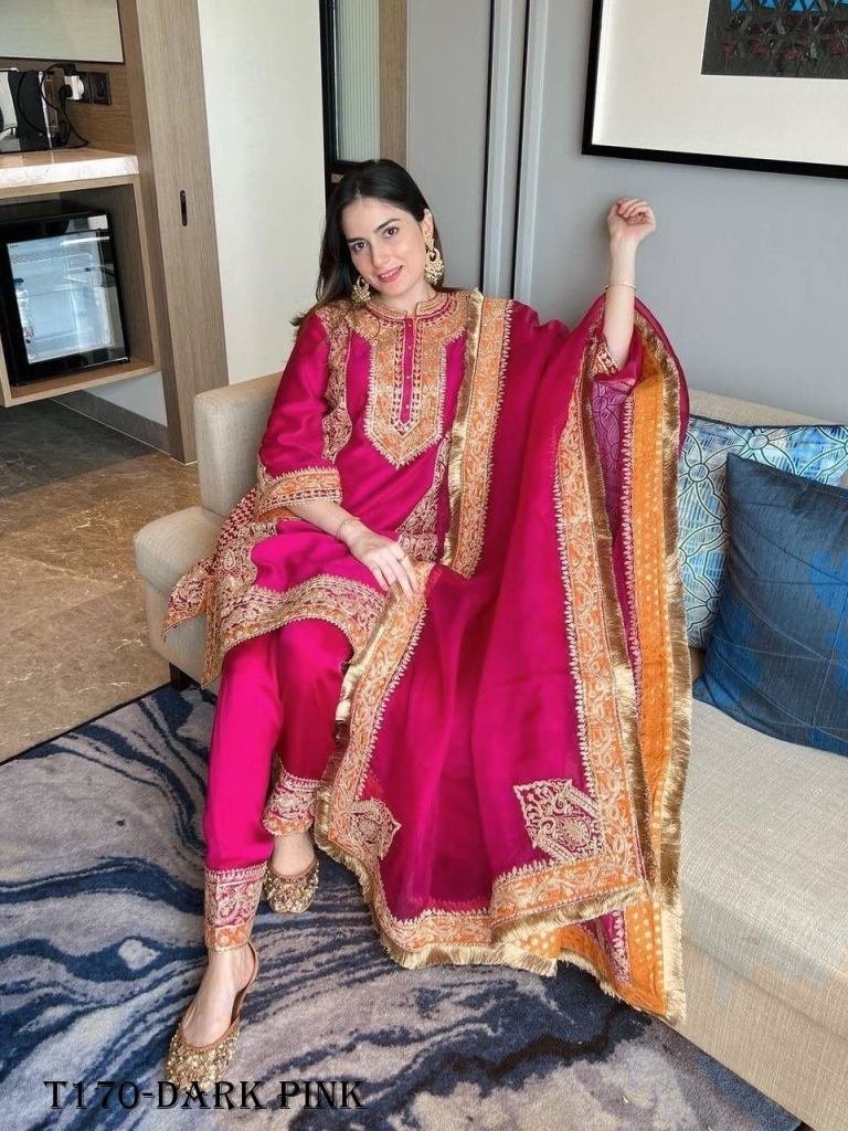 fancy dark pink chinon silk ku 1720099776 Fancy Dark Pink Chinon Silk Kurti Pant Dupatta Set