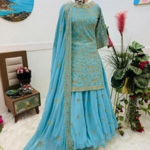 Fancy Embroidery Work Sky Blue Georgette Lehenga Set
