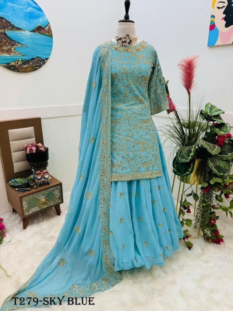 fancy embroidery work sky blue 1722324697 Fancy Embroidery Work Sky Blue Georgette Lehenga Set