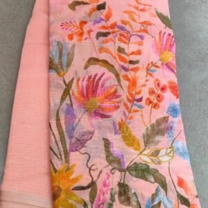 Fancy Floral Digital Printed Pink Linen Silk Saree