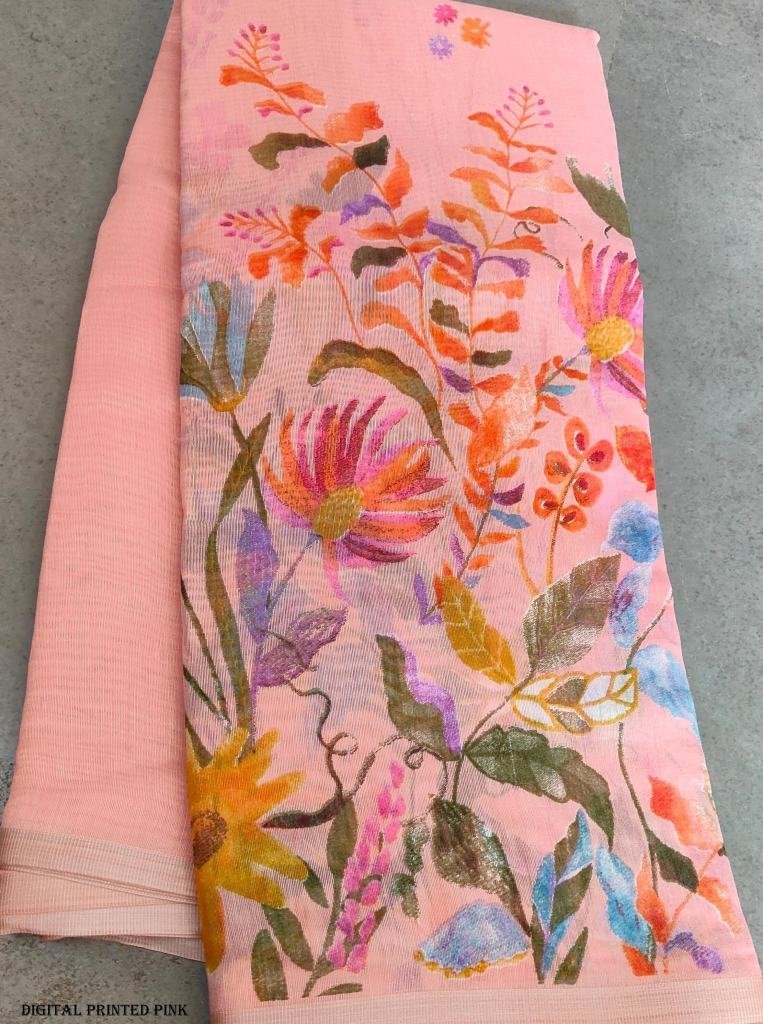 fancy floral digital printed p 1716974255 Fancy Floral Digital Printed Pink Linen Silk Saree
