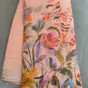 Fancy Floral Digital Printed Peach Linen Silk Saree