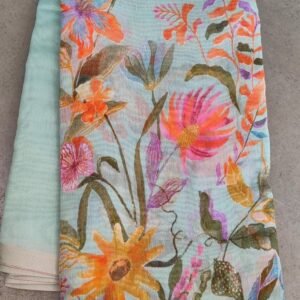 Fancy Floral Digital Printed Sky Blue Linen Silk Saree