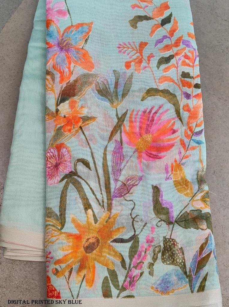 fancy floral digital printed s 1716974665 Fancy Floral Digital Printed Sky Blue Linen Silk Saree