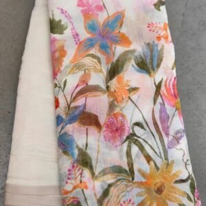Fancy Floral Digital Printed White Linen Silk Saree