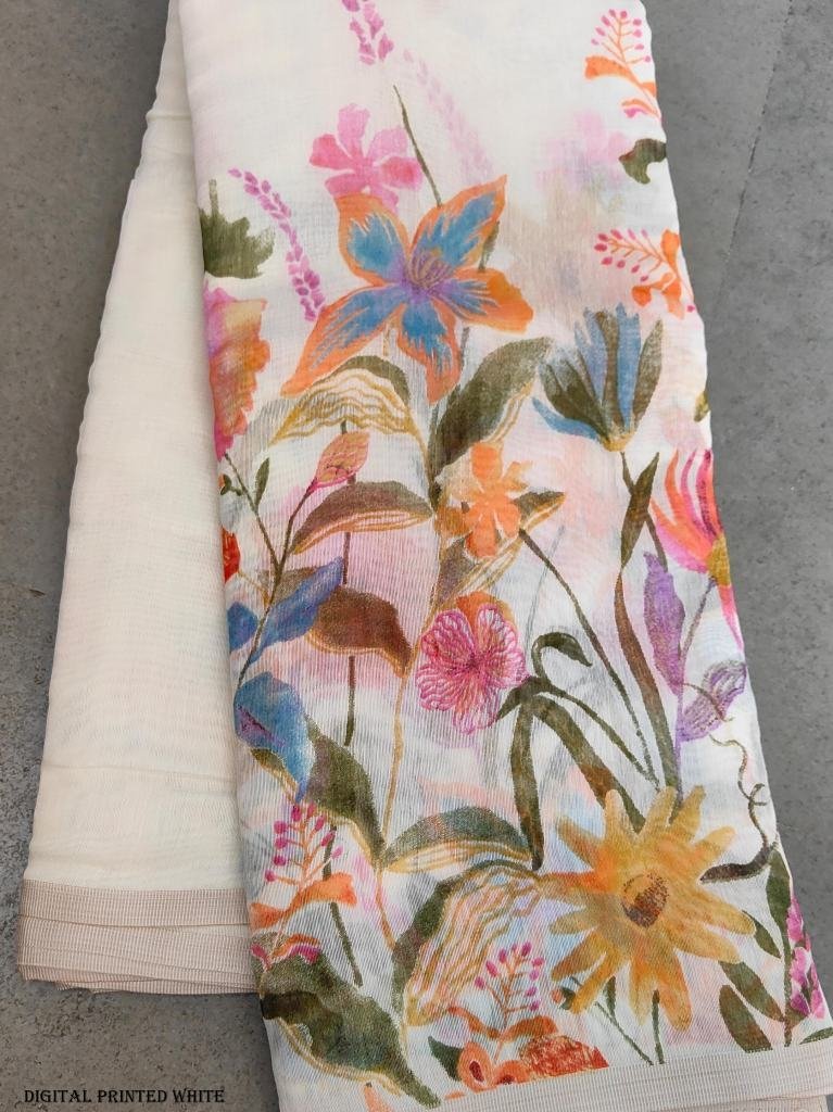 fancy floral digital printed w 1716973382 Fancy Floral Digital Printed White Linen Silk Saree
