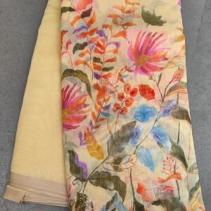 Fancy Floral Digital Printed Yellow Linen Silk Saree