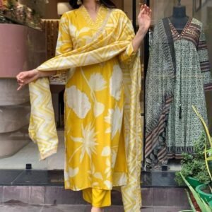 Fancy Flower Printed Kurtis Pant Set With Dupatta With Neck Work