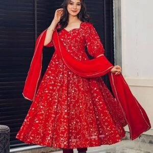 Fancy Full Sleeves Georgette Red Gown