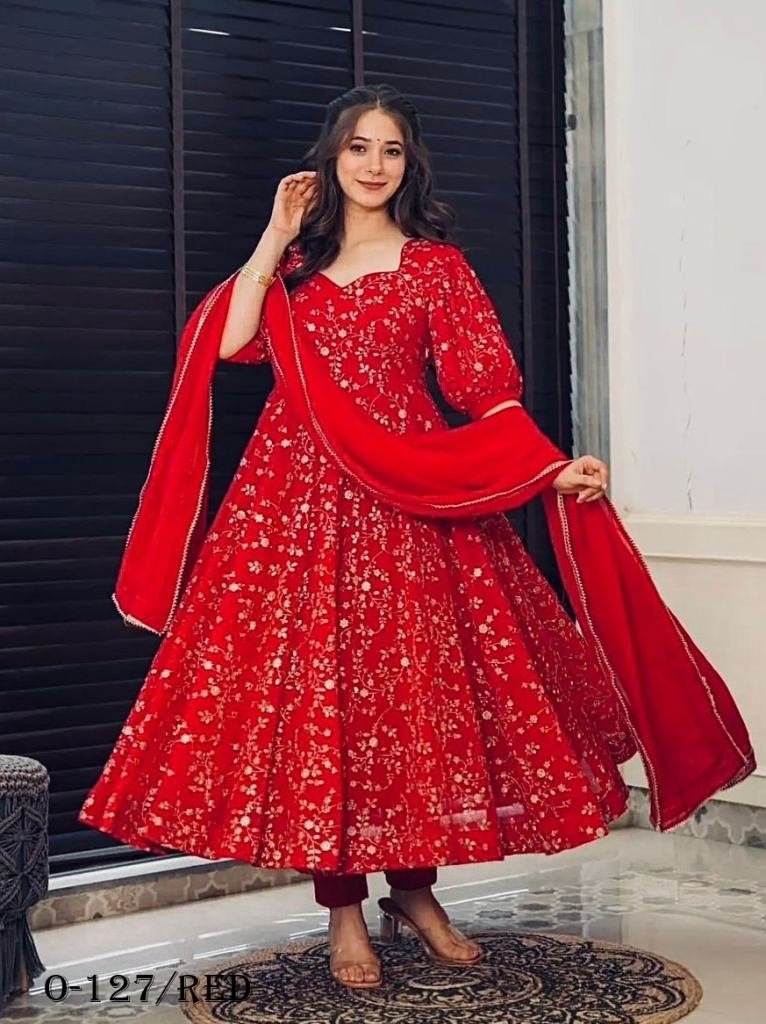 fancy full sleeves georgette r 1725617031 Fancy Full Sleeves Georgette Red Gown