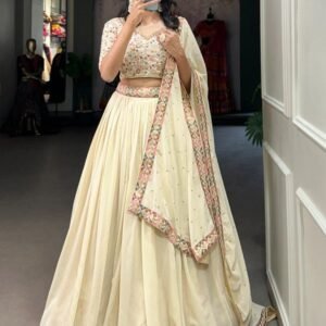 Fancy Georgette Cream Lehenga Choli With Sequence Work Blouse