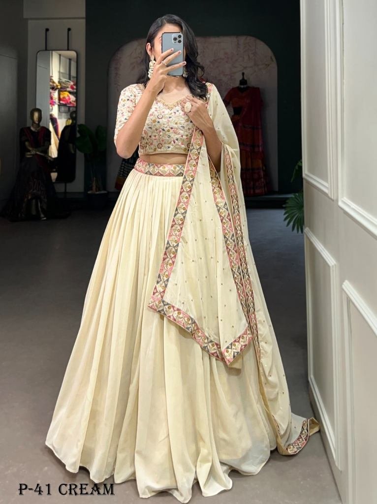 fancy georgette cream lehenga 1718453621 Fancy Georgette Cream Lehenga Choli With Sequence Work Blouse