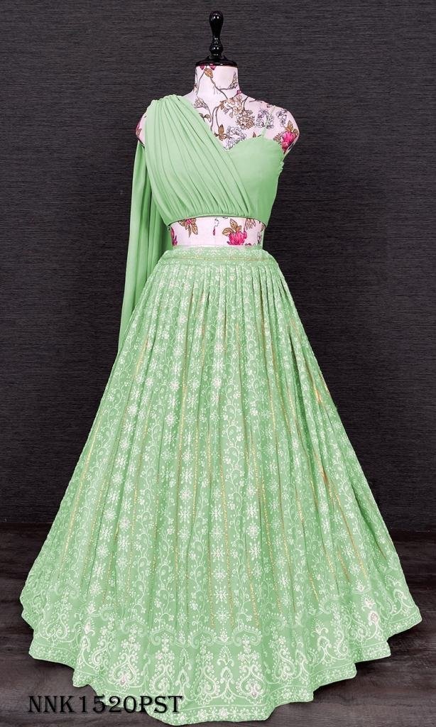 fancy georgette pista lehenga 1716875841 Fancy Georgette One Shoulder Pista Crop Top Lehenga