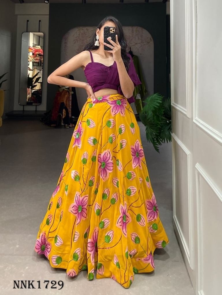 fancy georgette sequance and t 1717412151 Fancy Georgette Sequence And Thread Embroidery Work Yellow Lehenga