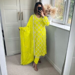 Fancy Georgette Sequence Embroidered Lime Yellow Kurti Pant With Dupatta