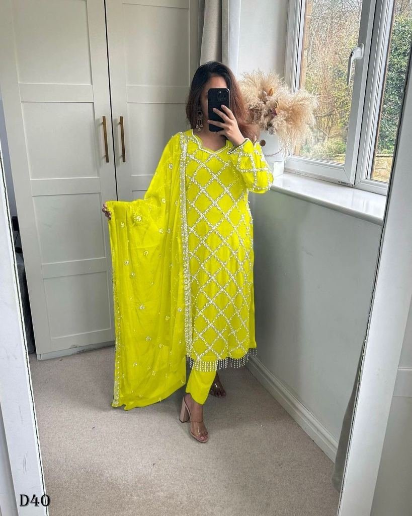 fancy georgette sequence embro 1719569343 Fancy Georgette Sequence Embroidered Lime Yellow Kurti Pant With Dupatta