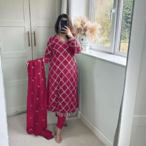 Fancy Georgette Sequence Embroidered Pink Kurti Pant With Dupatta