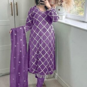Fancy Georgette Sequence Embroidered Lavender Color Kurti Pant With Dupatta