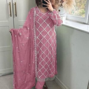 Fancy Georgette Sequence Embroidered Baby Pink Color Kurti Pant With Dupatta