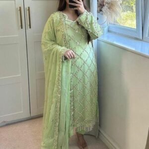 Fancy Georgette Sequence Embroidered Light Green Color Kurti Pant With Dupatta
