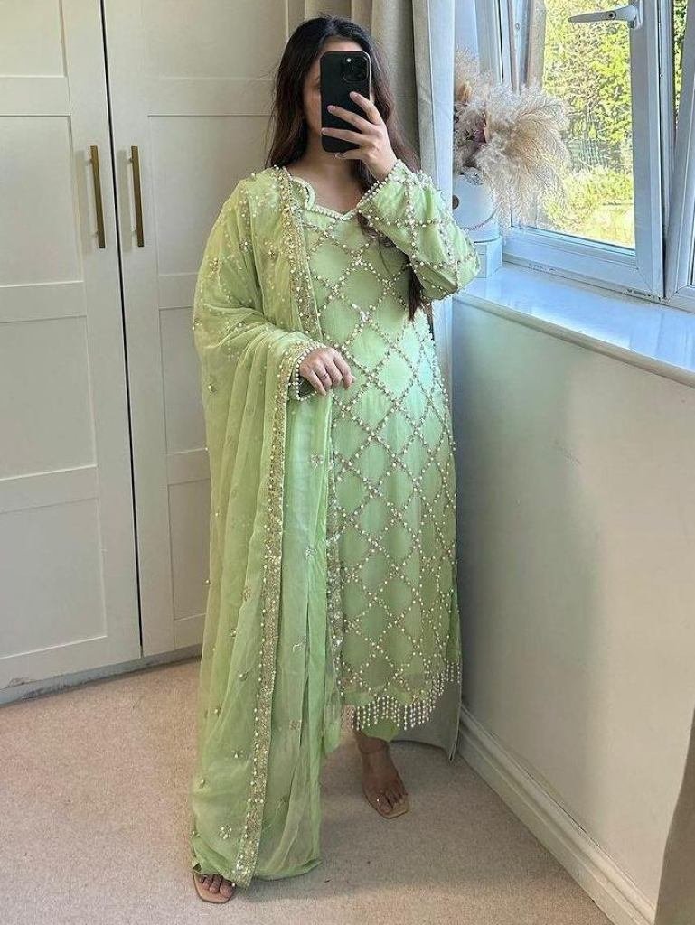 fancy georgette sequence embro 1732874792 Fancy Georgette Sequence Embroidered Light Green Color Kurti Pant With Dupatta